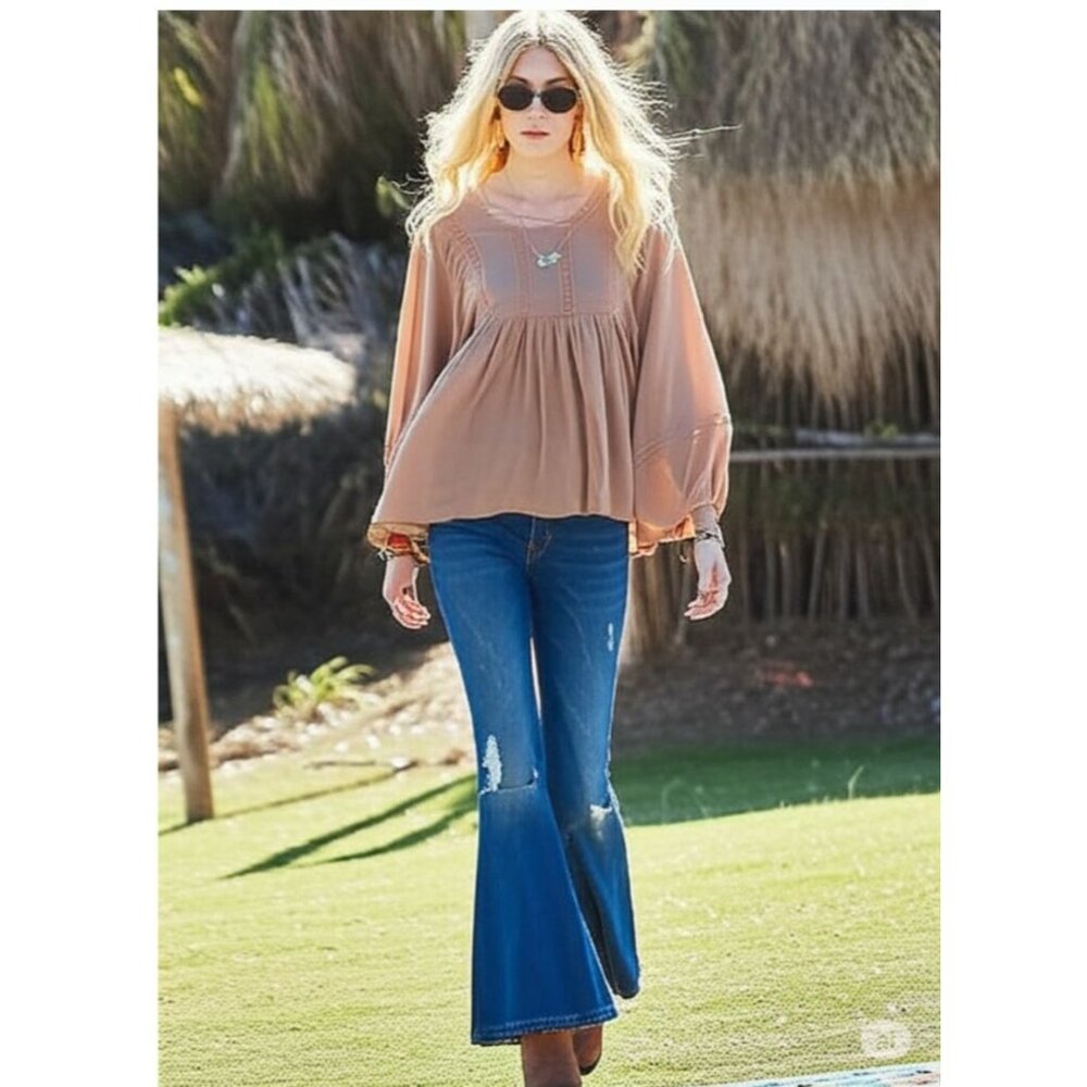 American Eagle Whimsy Boho Festival Balloon Sleeve Blouse Brown Size Small